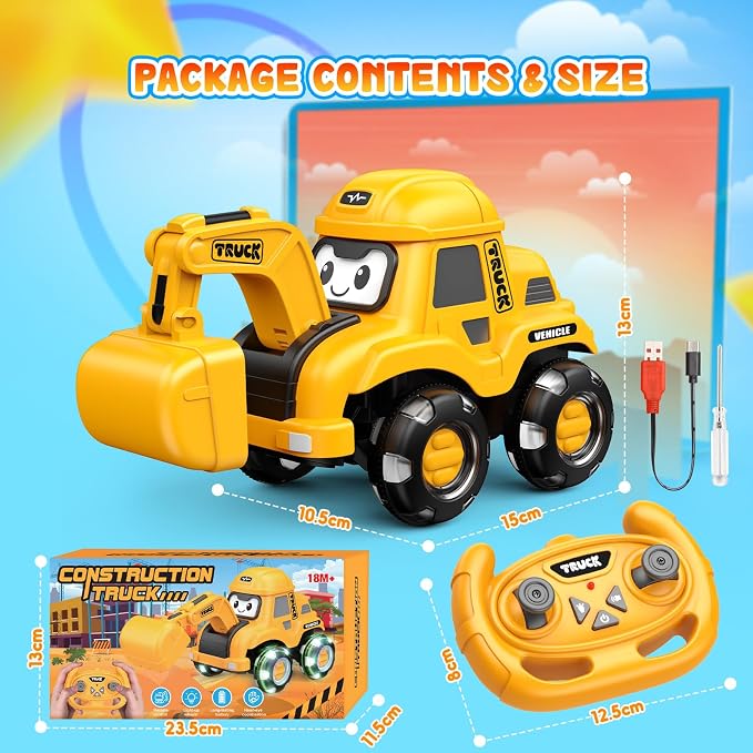 Toyjolka Toddler Remote Control Car with Flashing Light Wheels for 2 3 4 5 6 Year Old Boys Girls, USB Rechargeable Construction Excavator Toy for Toddlers 2-6 Great Birthday Gift Idea for Kids