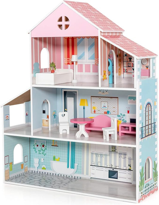HONEY JOY Dollhouse with 8 Pcs Furniture, 3-Level Wooden Doll House, Pretend Play Kids Doll’s House, Princess Mini Toy House Furniture Playset, Gift for Little Girls(Pink, 2.8 FT)