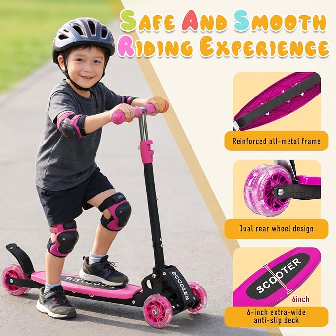 Kick Scooter for Kids Ages 6-12, Stable 3 Wheel Kids Scooter with LED Light-Up Wheels, 3 Adjustable Heights, Lean-to-Steer, Foldable, 6" Extra Wide Deck for Boys and Girls Gifts