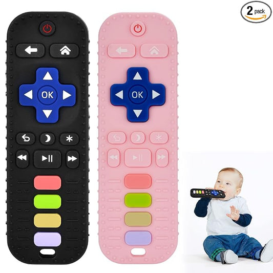 2 Pack Teether Toy for Babies Over 3 Months, TV Remote Control Shape Silicone Teething Toys for Infants 6-12 Months, Boys Girls Baby Teething Toys, Babies Chew Toys, Freezer BPA Free