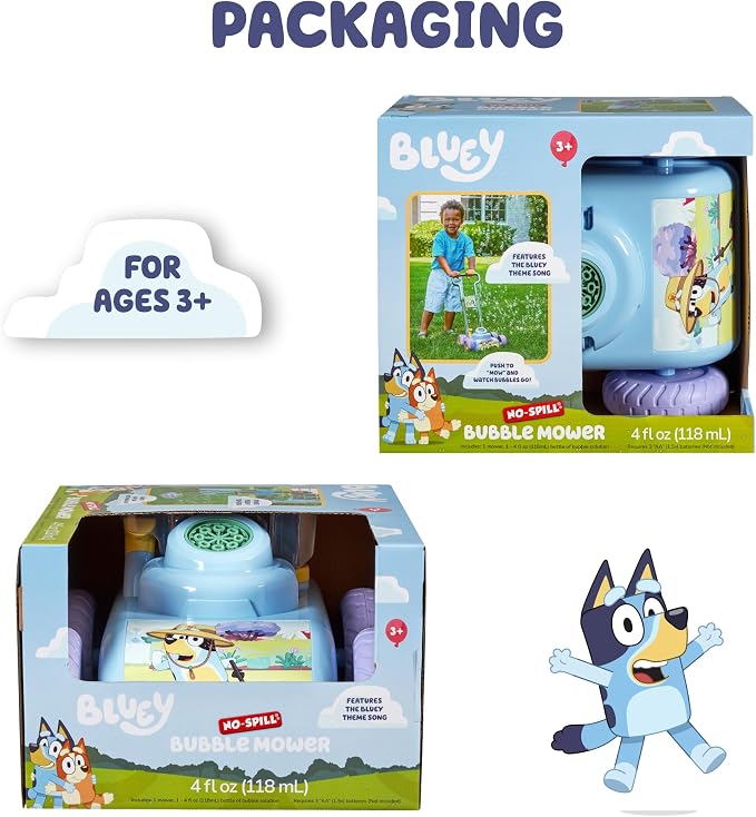 BLUEY Bubble Lawn Mower for Toddlers, Bubble Blowing Machine with Sound for Indoor and Outdoor Gardening Toy, Plays Bluey Music, Birthday, Party Favor for Preschool Girls and Boys