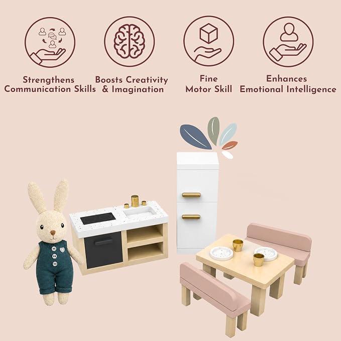 SPEEDY MONKEY Doll House Kitchen Playset with Bunny – Miniature FSC Wooden Kitchen Furniture Set – Dining Table, 4 Chairs, Fridge & Accessories – Pretend Play Doll House Decor Toy for Kids & Girls