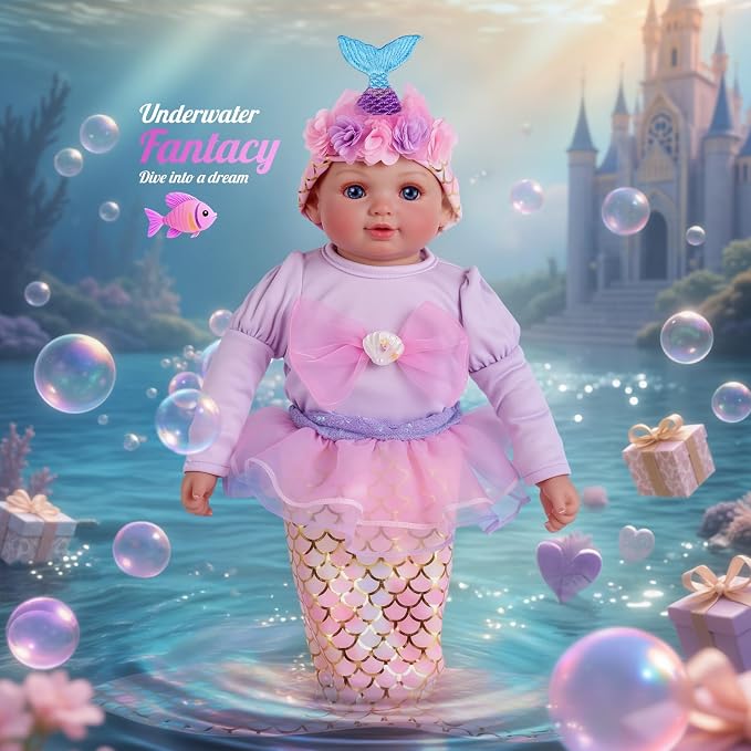 BABESIDE Mermaid Baby Doll Girl, 15-Inch Realistic Soft Baby Dolls with Shiny Mermaid Tail & Accessories, Cute Mermaid Toys for Girls Ages 3+ Kids, Christmas, Birthday
