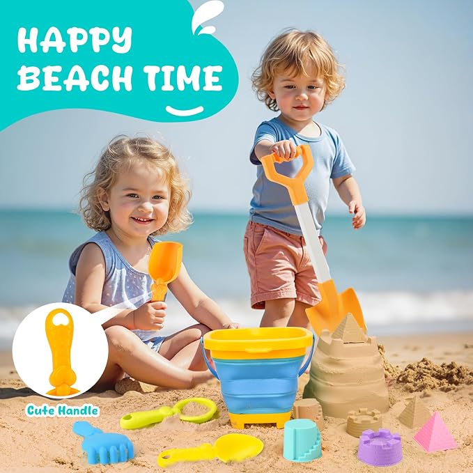 AuntyFey Collapsible Beach Toys for Kids Ages 4-8, Sand Toys for Toddlers Ages 3-4-8, Beach Toy Set with Collapsible Beach Buckets, Sandbox Toy for Kids with Castle Sand Mold and Large Shovels