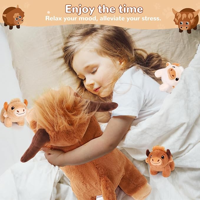 gnomantic Highland Cow Stuffed Animals with Babies, Mommy Toy for Kids | 5-Piece set: 1 mommy highland cow + 3 surprise babies inside. Unzip belly to reveal babies. Ultra-soft, safe for ages 3-8.