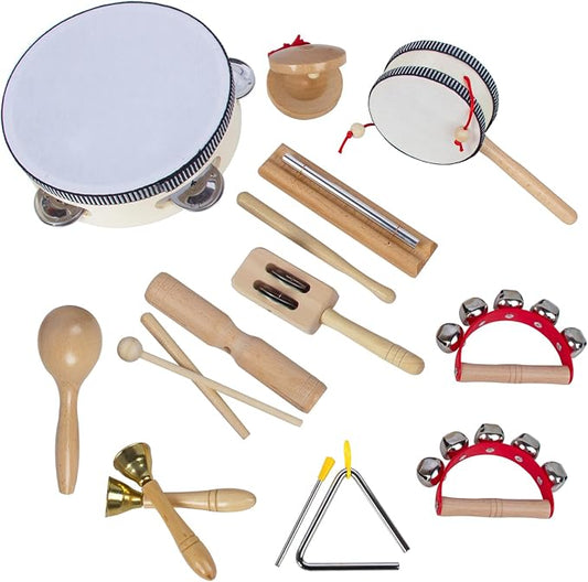 Wooden Musical Instruments Set for Toddlers 1-3, Natural Wood Percussion Instruments Xylophone Gift Set for Girls Boys Kids ,Preschool Educational Musical Toys with Storage Bag (Log Color)