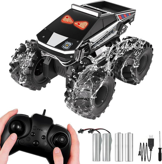 Police Remote Control Car with LED Dynamic Eyes, 1:18 Amphibious RC Cars, 4WD All Terrain Pickup, 2.4GHz Waterproof Cyber Truck, 360° Rotatable Monster Truck Toys for Boys Birthday Gifts Age 6 7 8 9+