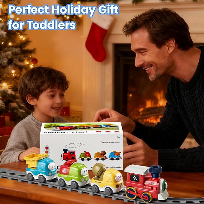 Electric Train Set for Toddlers with Sound & Lights, Magnetic Connection Train Toys with Tracks & Road Signs, Christmas Birthday Gift for 3 4 5 6 Year Old Boys Girls