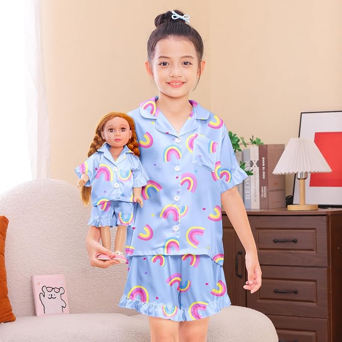 ICOSY Matching Doll & Girls Silk Pajamas Satin Pjs for Girls Button-Down Top and Shorts for 18" Doll Girl Clothes