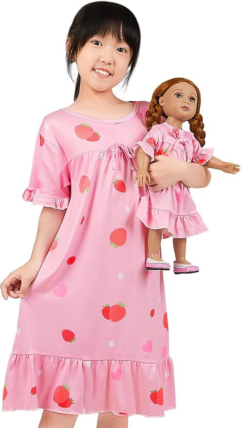 MHJY Matching Girls & Doll Nightgowns Vintage Short Sleeve Sleepwear Pajamas Dress for Girls and 18" Girl Doll