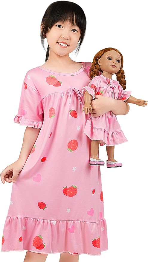 MHJY Matching Girls & Doll Nightgowns Vintage Short Sleeve Sleepwear Pajamas Dress for Girls and 18" Girl Doll