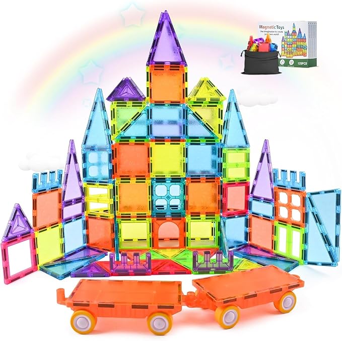 Magnetic Tiles 125PCS Magnetic Building Blocks Set 3D Magnet Tiles with 2 Cars STEM Educational Learning Construction Toys Kids Birthday Gifts for Preschool Toddler Boys Girls 3 4 5 6 7 8 9 + Year Old