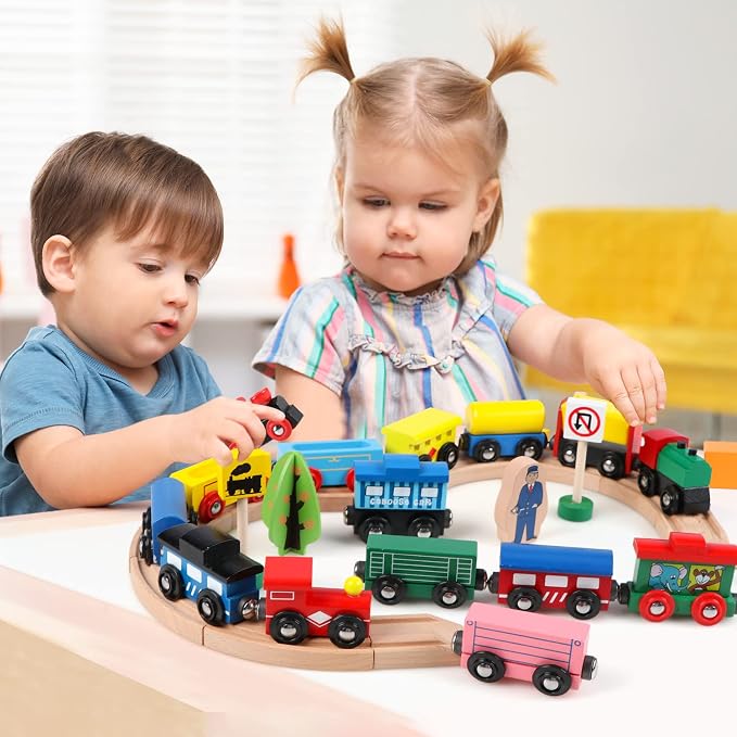 31 PCS Wooden Train Cars - Magnetic Train Set Includes 15 Cars, 10 Bonus Connectors & Storage Bag, Wooden Train Set Toy Train for Kids Toddlers, Compatible with Major Brands Train Tracks Set