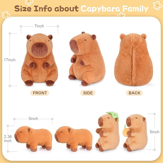 SuzziPals 5-in-1 Sitting Capybara Stuffed Animals with Babies Inside, 5PCS Set Capybara Plush with Mommy & 4 Babie, Soft Pillow Decor, Cute 3 to 8 Year Old Girl Gifts, Imaginative Play Toy(Capibara)
