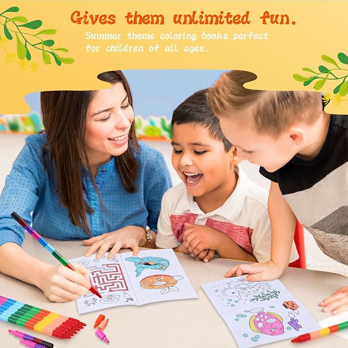 BenLouis 24 Summer Mini Coloring Books Kids with 24 Stacking Crayons Beach Pool Party Favors Activity Books Bulk for Kids Summer Birthday Goodie Bag Gift Stuffer Classroom Reward