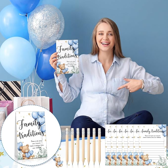 Fumete 61 Pieces Family Tradition Baby Shower Games Include 1 Family Traditions Standing Sign and 50 Activities Cards with 10 Pencils for Gender Reveal Bridal Shower Wedding(Blue,Bear)