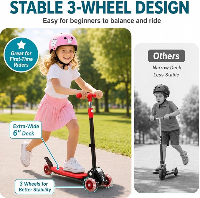 Kids Kick Scooter for 3-12,Lean-to-Steer 3 Wheel Scooter for Beginners with Light-Up Wheels,3 Adjustable Handlebar 27.5"–33",6-Inch Wide Deck,Rear Foot Brake,Foldable Scooter for Boys & Girls