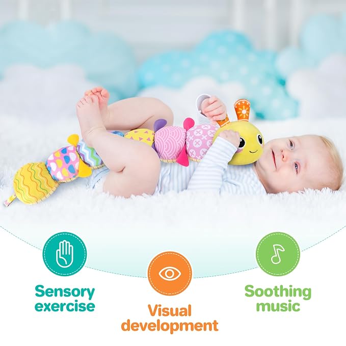 KMUYSL Baby Sensory Caterpillar Toys for 0-6 6-12 Months, Soft Plush Activity Toy with Crinkle, Rattle & Gentle Music, Tummy Time Toy for Infant Newborn, Early Development Toy Shower Gifts for Baby