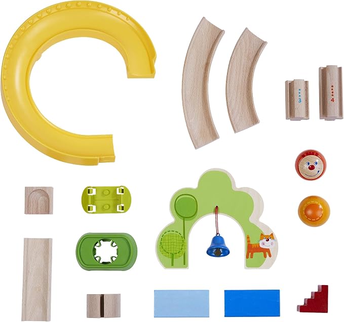 HABA Ball Run - Kullerbu Spiral Track, 26 Piece Wood & Plastic Marble Run Set with Wild Curves & Bell for Kids 2-6, STEM Toy Marble Maze Building Set