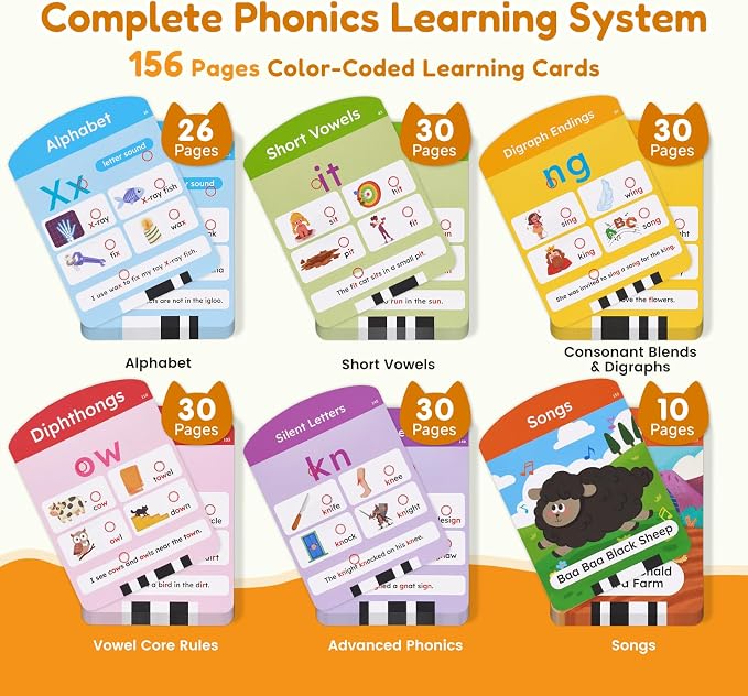 JoyCat Kids Learning Tablet, Phonics Learning Pad with 156 Pages Talking Flash Cards, 5 Level Progress Phonics Educational Toy, Learn to Read, Birthday Gift for Boys Girls Ages 3-8