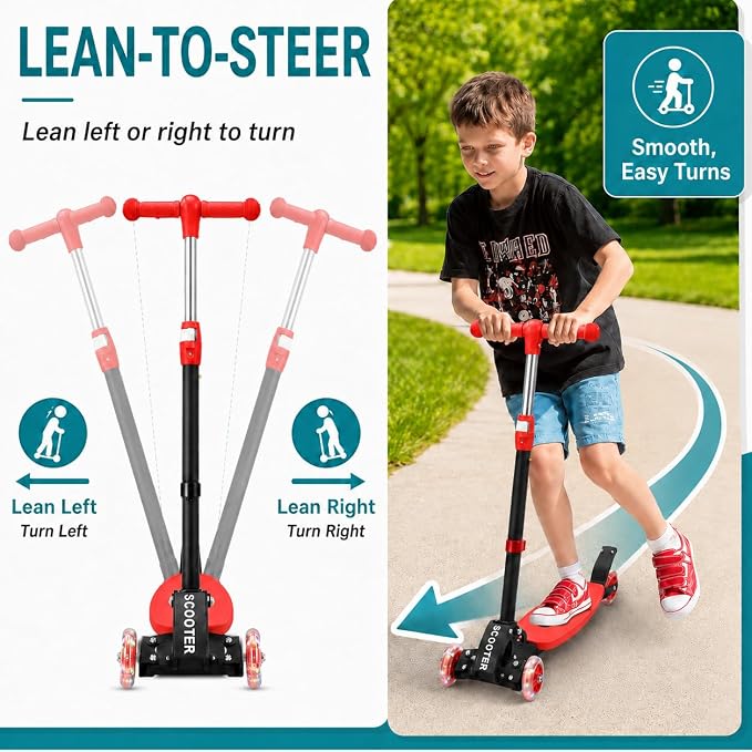 Kids Kick Scooter for 3-12,Lean-to-Steer 3 Wheel Scooter for Beginners with Light-Up Wheels,3 Adjustable Handlebar 27.5"–33",6-Inch Wide Deck,Rear Foot Brake,Foldable Scooter for Boys & Girls