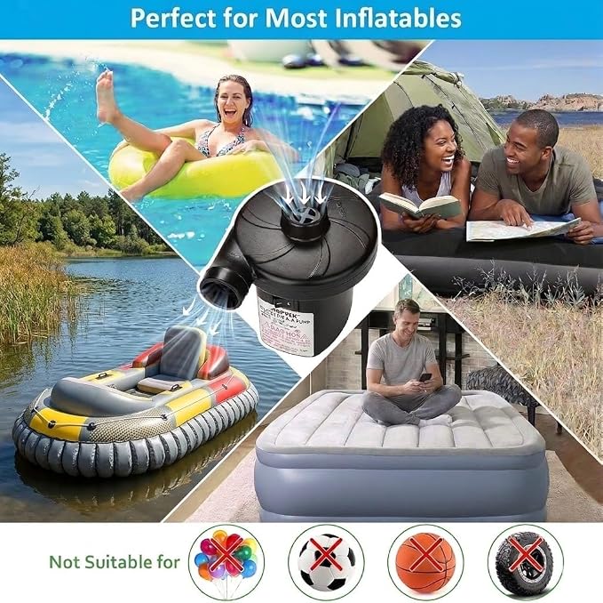 Air Pump Portable Quick-Fill Air Pump with 3 Nozzles,5kPa for Inflatables Mattress Pool Floats Toy Water Raft Bed Boat Pool Toy with 110 US Adaptor and Car-Powered 12v-DC
