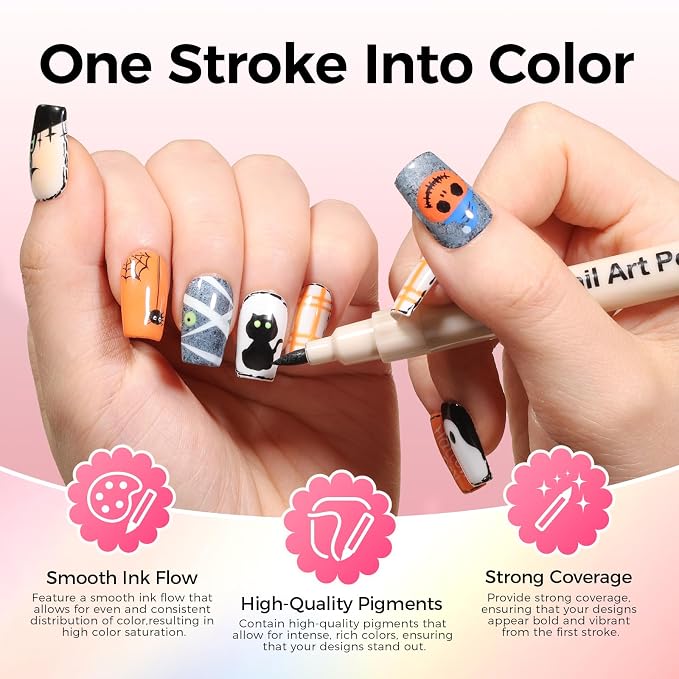 12 Colors Nail Art Pens Set, 3D Nail Polish Pens Quick-Drying Acrylic Paint Markers, Dotting Liner Brush for DIY Nail Design, Home & Salon Manicure Tools