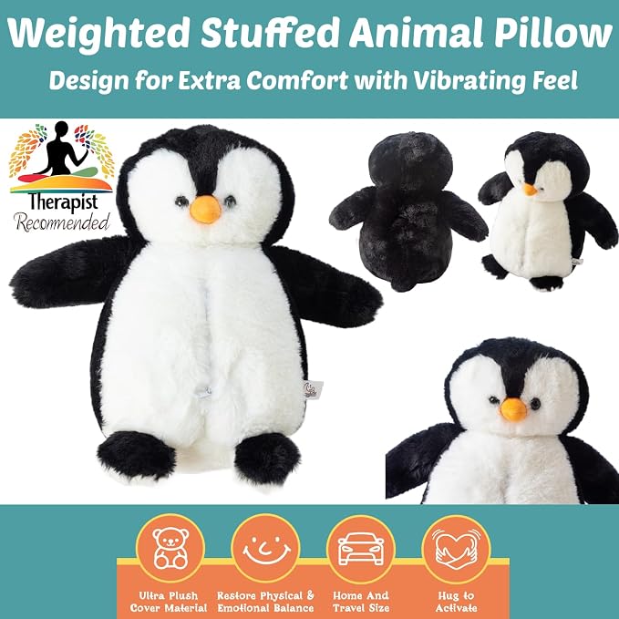 Penguin Sensory Weighted Vibrating Pillow, Pressure Activated for Kids Adults, 11x20, Pillow Animal, Calming Therapy for Focus and Balance, Weighted Stuffed Animals, Weighted Plush, Sensory