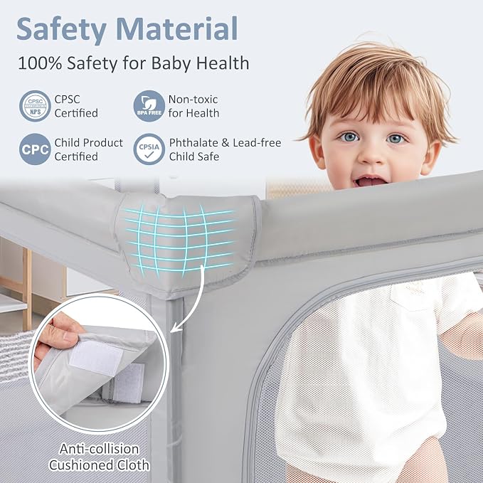 INFANS Foldable Baby Playpen with Mat, 50” x 50” Large Baby Play Yard for Infant with 50 Ocean Balls, 4 Handlers, Carry Bag, Indoor Outdoor Fence Toddler Activity Center (Gray, 50” x 50”)