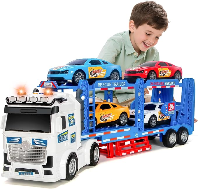 BainGesk Semi Truck Toys Car for 3, 4, 5, 6, 8 Years Old Boys Girls, Adjustable Double Decker Carrier Truck with Light & Sound, Car Hauler with Trailer Toy, Large Transport Toy Gifts for Toddler