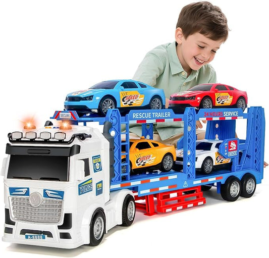 BainGesk Semi Truck Toys Car for 3, 4, 5, 6, 8 Years Old Boys Girls, Adjustable Double Decker Carrier Truck with Light & Sound, Car Hauler with Trailer Toy, Large Transport Toy Gifts for Toddler