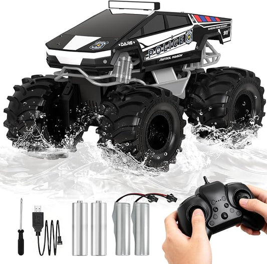 Police Remote Control Car, 1:18 Cyber Truck Remote Control Car, 2.4 GHz Waterproof Amphibious RC Cars, 4WD All Terrain Off-Road Pickup, 360° Rotatable Monster Truck Toys for Boys RC Cars Ages 6+