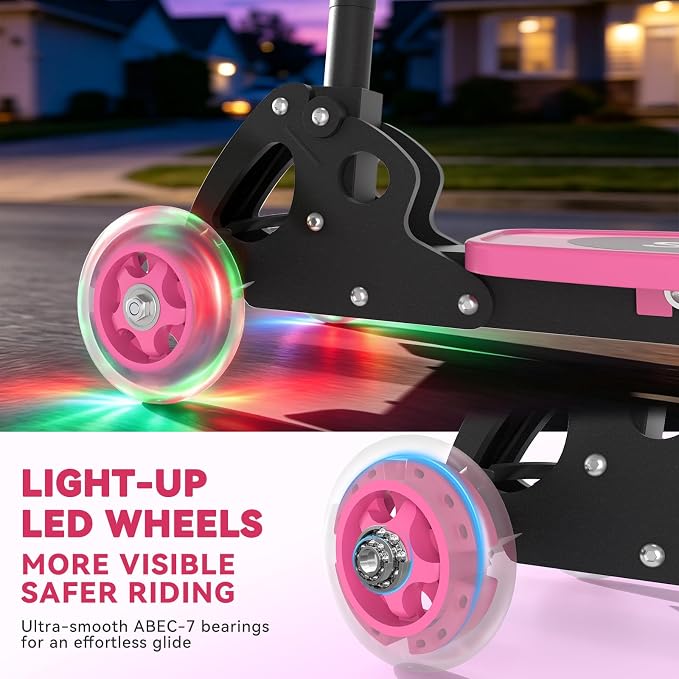 Scooter for Kids Ages 3-5, LED Light Up 3 Wheel Toddler Scooter with 4 Adjustable Heights, Lean-to-Steer Wheels, Safe Metal Brake, Foldable Kick Scooter for Boys Girls, Support 120 lbs, Birthday Gift