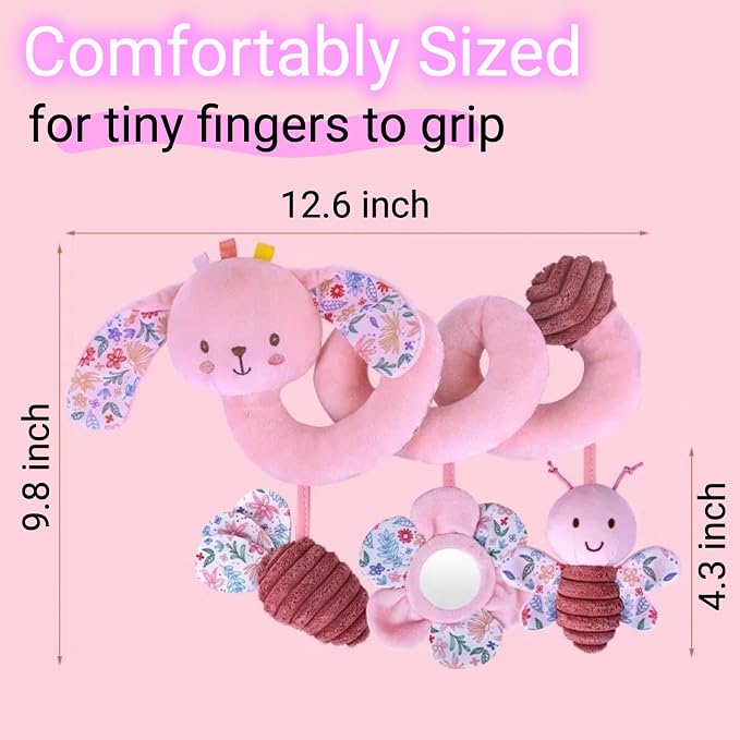 Spiral Car Seat Toy for Babies 0-6-12 Months Girl, Stroller Hanging Baby Toys 0-3-4-5-6-7-8-9-12 Month Old Newborn Infant Toddler Rabbit Gifts Travel Carseat Mirror Crinkle Bunny Accessories