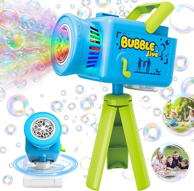 Cute Upgraded Camera Bubble Machine 360° Rotatable Handheld Rechargeable Bubble Blower, Blower with Music & Lights, Bubble Machine Solution, Kids Bubble Toy for Parties, Wedding & Toddlers Play