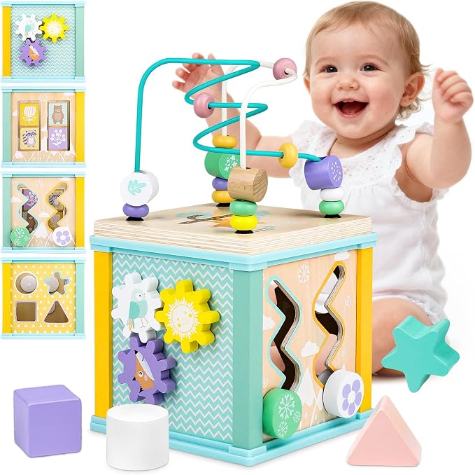 Airlab Wooden Activity Cube Montessori Toys for 1 2 3 Year Old Baby Toys 12 Months Toddlers 1-3 Birthday Gift Boys Girls Sensory Interactive Learning Toys