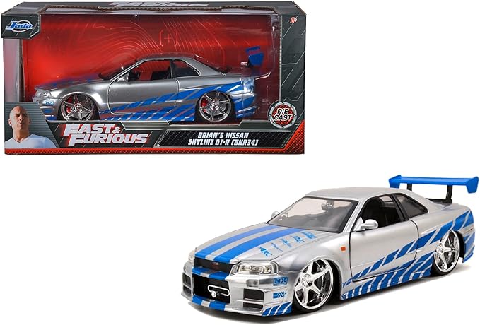 Jada Toys Fast & Furious Brian’s 2002 Nissan Skyline R34 Die-cast Car, 1:24 Scale, Silver & Blue