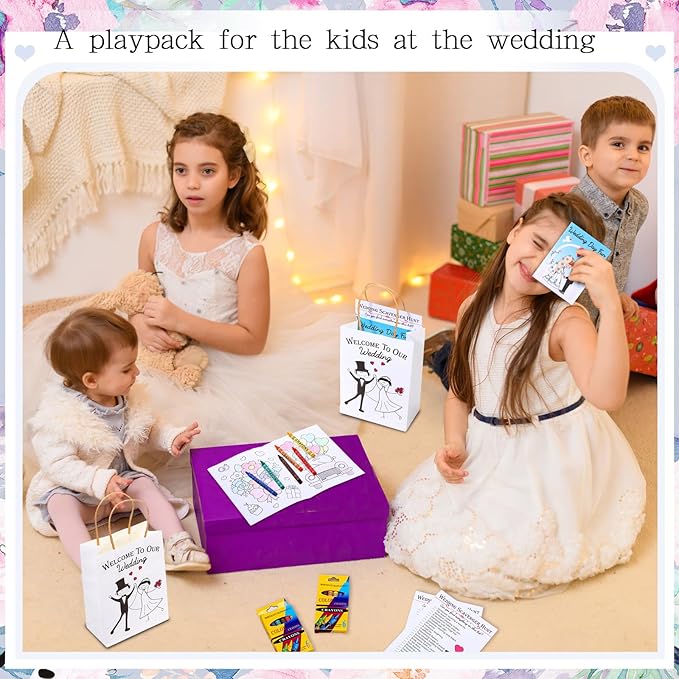 Mooliwe 96 Pcs Wedding Activity Set Include 24 Coloring Books 24 Favor Bags 24 Crayons 24 Scavenger Hunt Sheets for Wedding Activities Game Favor Entertainment Party Supplies