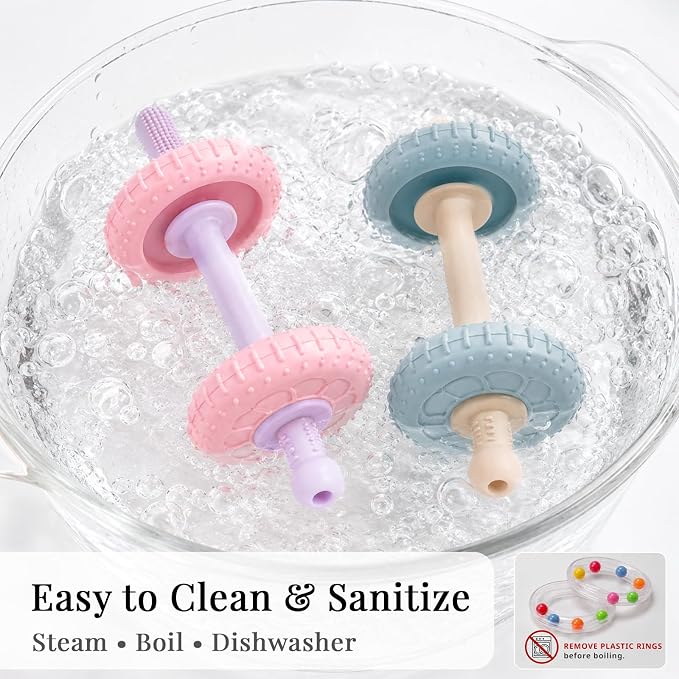 2 Pack Baby Teething Toys for 3-6 Months, Dumbbell Teether for Babies 6-12 Months, Silicone Baby Teether Toys with Textured Chew Surfaces, Rattle Baby Chew Toy for Infants (Blue & Pink)