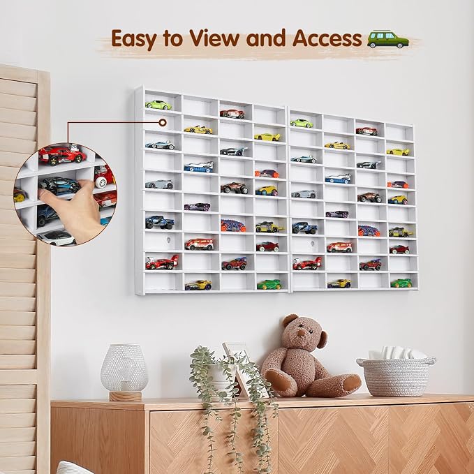 Krafetto 2 Pack Toy Car Display Shelf, Holds 80 Diecast 1/64 Toy Cars, Wall Mount Model Car Storage Organize Case, White