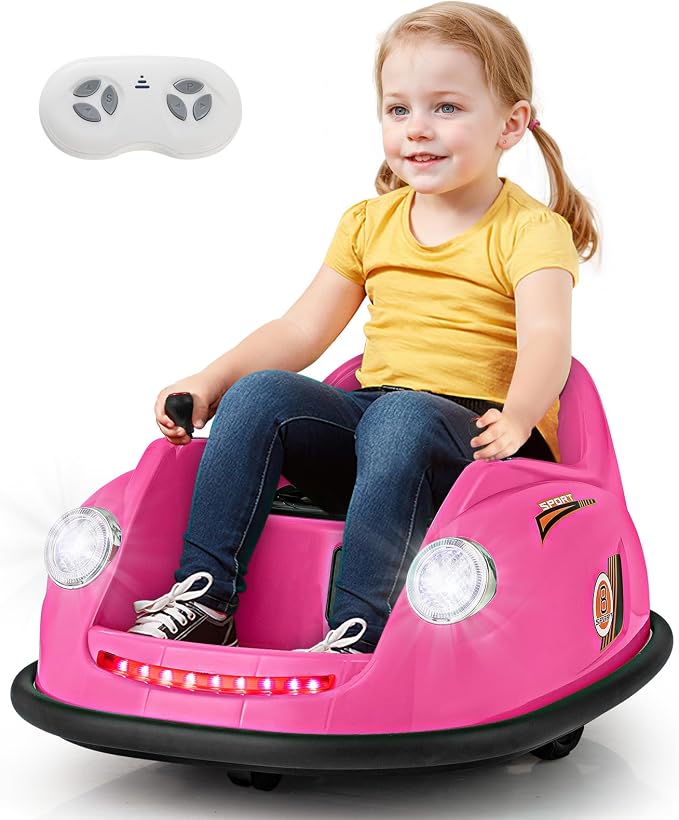 Costzon Bumper Car for Toddler, 12V Electric Kids Ride on Bumper Car with Remote Control, 360 Degree Spin, LED Lights, Music, Battery Powered Baby Bumping Toy Gift for Toddlers 2-5 Years Old (Pink)