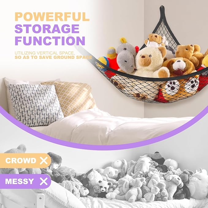 Lazebox Stuffed Animal Net Hammock for Plushie Toys, Stuffed Animal Hammock Corner for Kids' Room Decor, Ideas for Organizing Stuffy Collection, Black, L (67" x 40" x 40")-Pack of 2