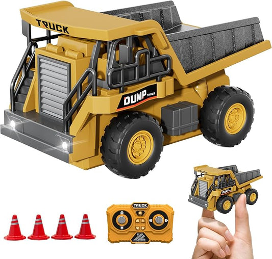 1:64 Mini Remote Control Dump Truck Toy, 2.4GHz RC Dump Truck with Metal Bed, LED Light & Music, Variable Speed, Type-C Charging, Includes 4 Road Barriers, Construction Vehicle Gift for Kids & Adults