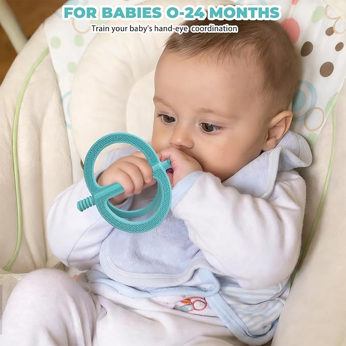 SOLIFEGOBLE 2-Pack Silicone Baby Teething Rings - Easy-Grip Chew Toys with Textured Surfaces, BPA-Free Teethers for Infants 3-12 Months (Light Green+Light Pink)