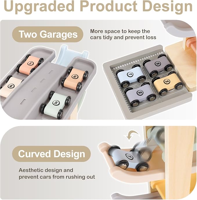 Joyreal Montessori Toddler Toys for 1 2 3 Year Old - 7 Level Wooden Car Ramp Racer Toys with 8 Mini Cars & 2 Garages - Christmas Birthday Gifts for 1-2 Year Old Boys and Girls