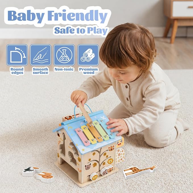 Wooden Activity Cube 8-in-1 Baby Activity Center Montessori Toys for 1 Year Old & Up Educational Learning Toys for Toddlers with Animal Friends