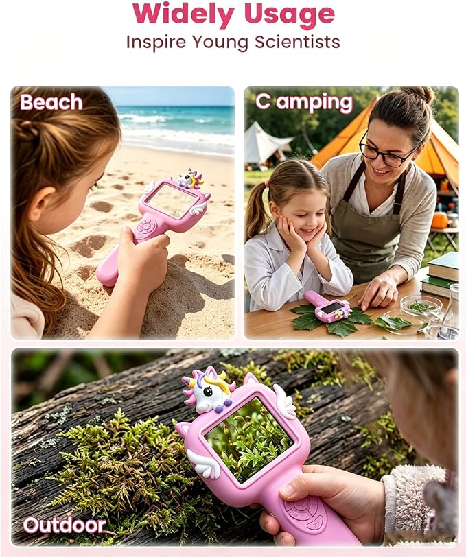 Outdoor Portable Kids Microscope: 100g Lightweight Pocket Design with One-Hand Grip for Travel – 3.5H Rechargeable Battery & 6 LEDs for Anytime Exploration – 1s Quick Auto Focus