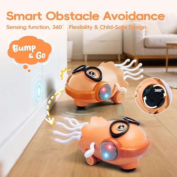 GONINO DJ Dancing Jellyfish Baby Toys, Musical Crawling Tummy Time Toys with LED Light & Smart Obstacle Avoidance, 360° Spin Sensory Toys for Toddlers, Kids Toys Birthday Gifts for Boys Girls, Orange