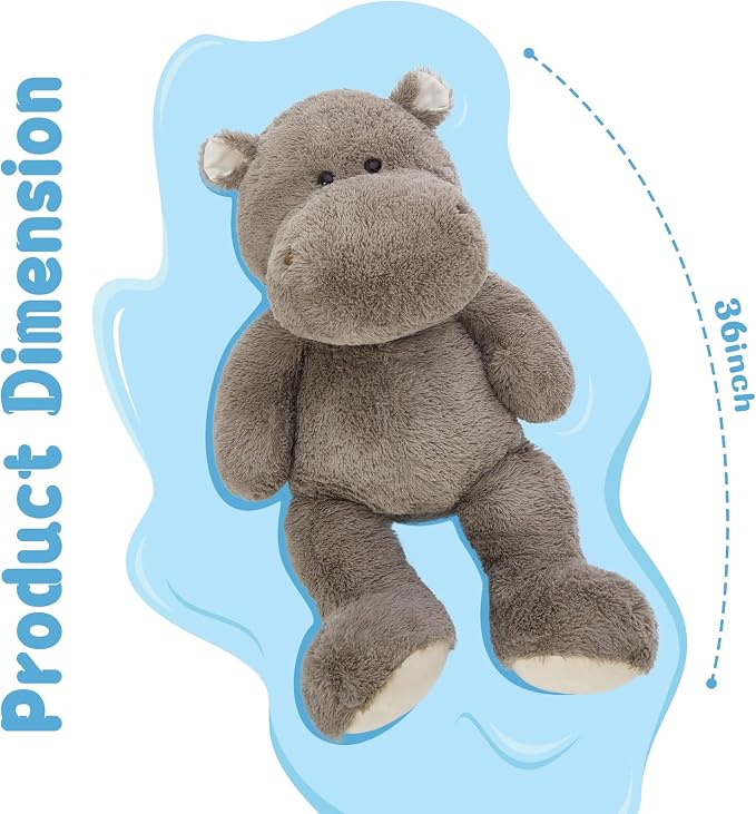 BENINY 36 Inch Giant Hippo Stuffed Animal, Oversized Gray Hippo Plush Pillow, Soft Humongous Hippopotamus Toy Gift for Kids, Boys and Girls