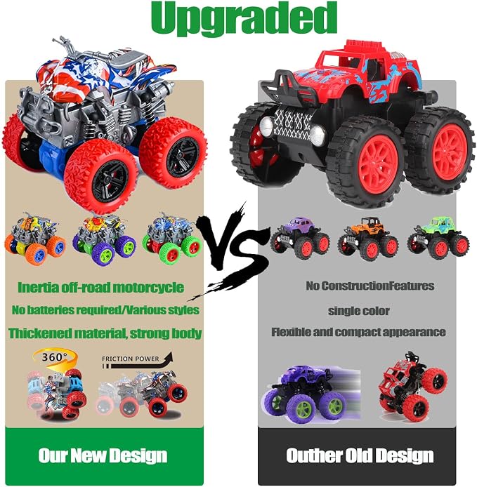 Monster Truck Toys - 4 Pack Friction Powered Toy Motorcycle Cars Push and Go Car Truck Playset for Boys Girls Toddler Aged 3 4 5 6 7 Year Old Gifts for Kids Christmas Birthday Party